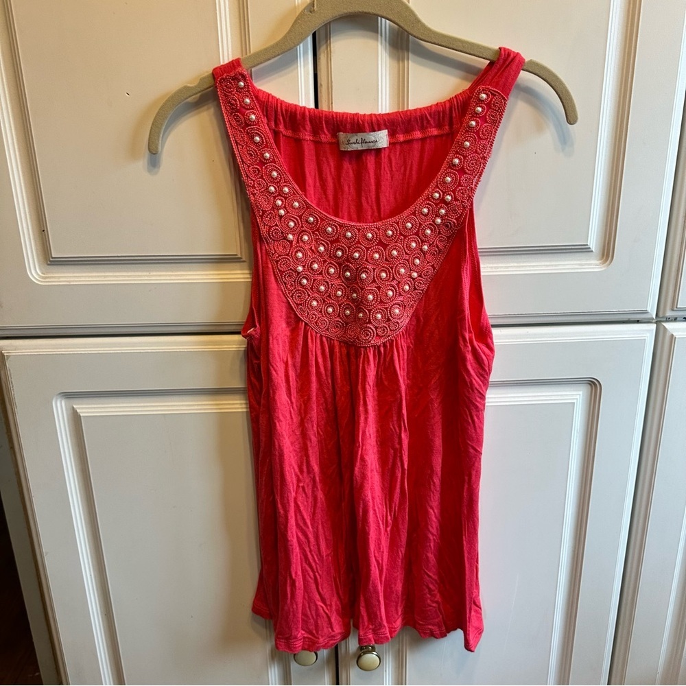 Sushi Flowers Beaded Scoop Neck Pink Sleeveless Blouse